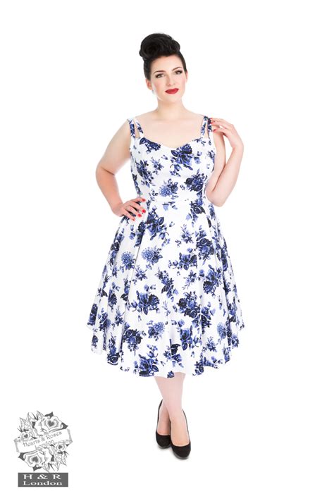 Blue Rosaceae Swing Dress In Plus Size Hearts And Roses London