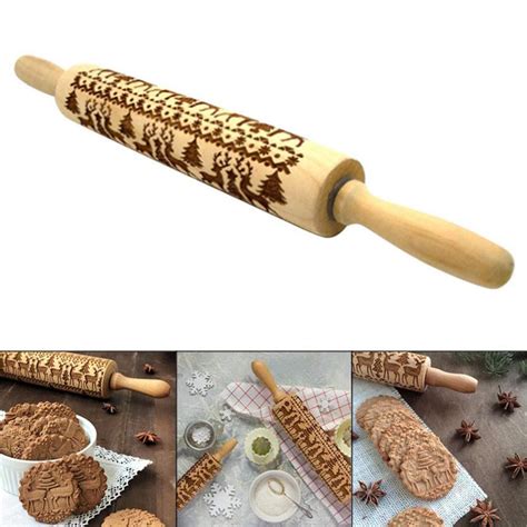 Christmas Wooden Rolling Pin Engraved Embossing Rolling Pin With Christmas Symbols For Baking