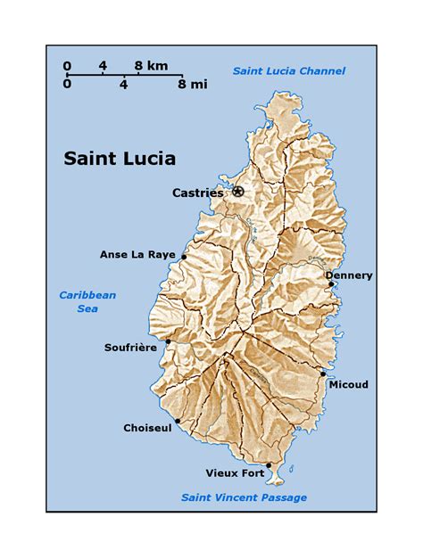 Detailed Map Of Saint Lucia With Relief Saint Lucia North America