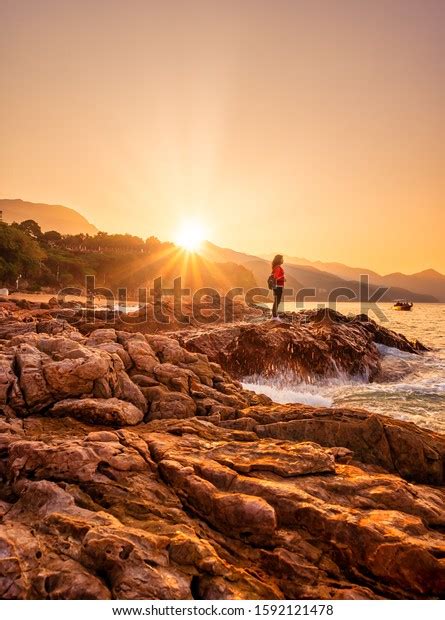 Woman Standing Beach Sunset Stock Photo Edit Now 1592121478