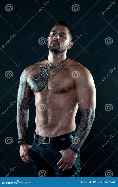 Sport And Fitness Masculinity Muscular Torso Tempting Glance Bearded Man With Tattooed Torso