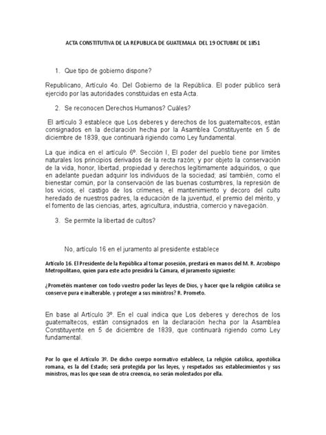 Acta Constitutiva De La República De Guatemala De 1851 Establecimiento
