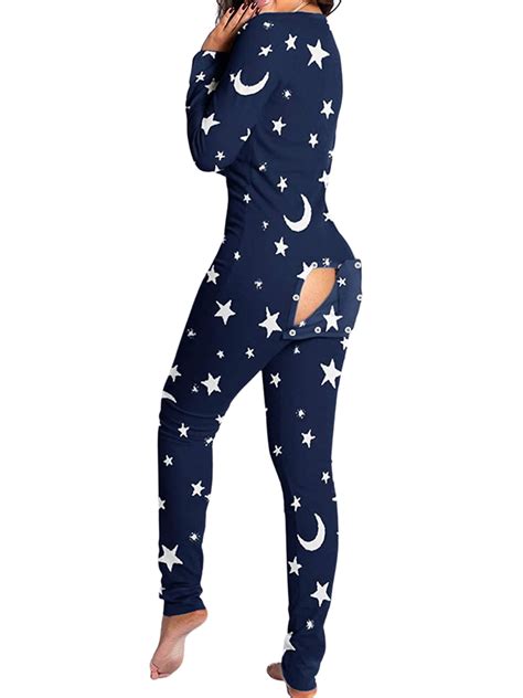 Women S Sexy Butt Button Back Flap Jumpsuit V Neck Long Sleeve Romper Bodycon Christmas Pajamas