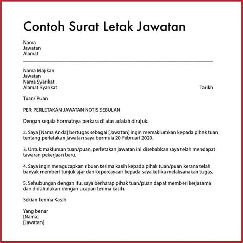 Contoh Surat Berhenti Kerja Notis Sebulan Dalam Bahasa Inggeris