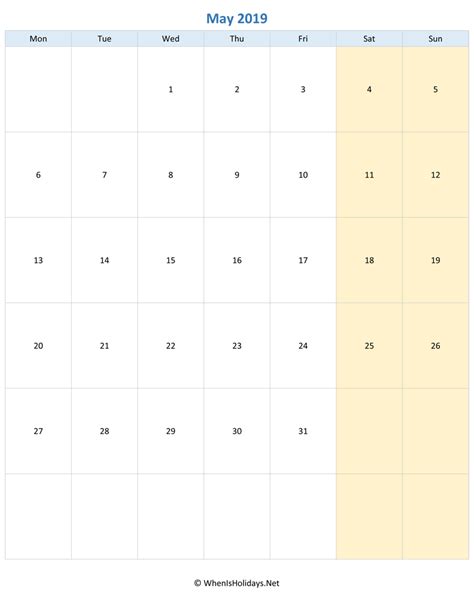 May 2019 Printable Calendar With Holidays Whenisholidaysnet
