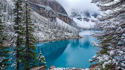 Nature Landscape Moraine Lake Canada Winter Turquoise Water Forest Mountain Snow Trees