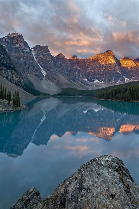 Moraine Lake At Sunrise With Pink Clouds Banff National Park Unesco