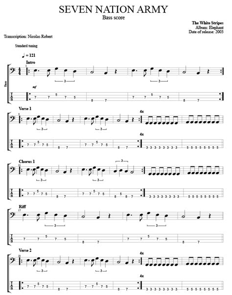 Bass Score The White Stripes Seven Nation Army Bass Tabs Bass