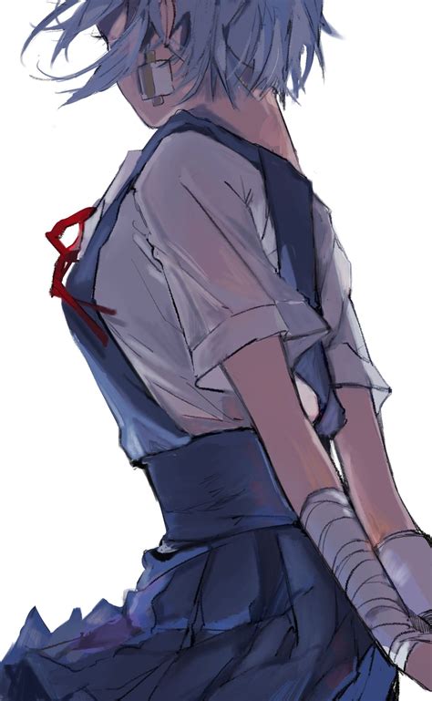 Safebooru Girl Arms Behind Back Ayanami Rei Bandage On Face Bandaged Arm Bandages Blue Hair