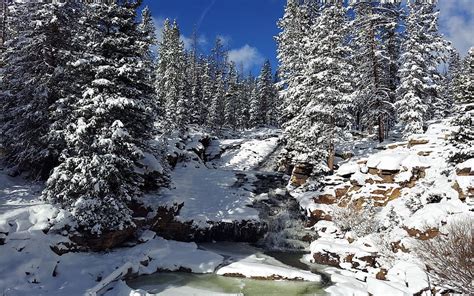 Provo River Upper Falls Utah Winter Trees Sky Snow Usa Hd