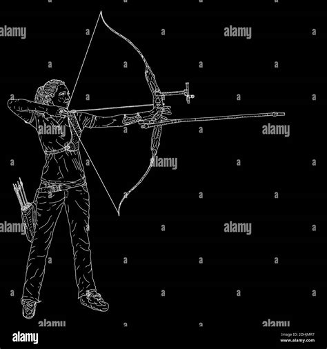 Sketches Silhouettes Attractive Female Archer Bending A Bow And Aiming