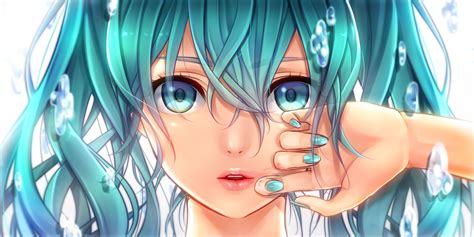 Aqua Eyes Aqua Hair Close Hatsune Miku Masami Chie Vocaloid Water