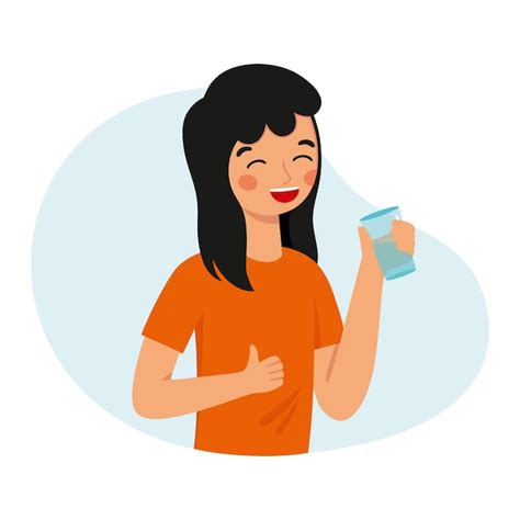 Premium Vector A Happy Girl Holds A Glass In Her Hands And Drinks Water