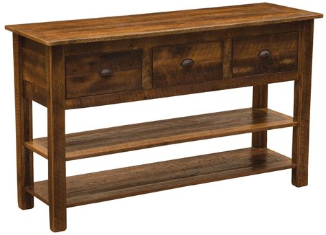 Barnwood Three Drawer Console Table With Two Shelves Rustic Deco