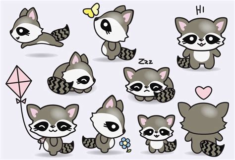 Premium Vector Clipart Kawaii Raccoons Cute Raccoons Etsy Art