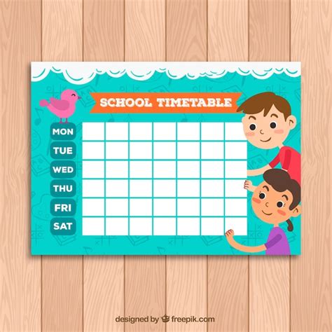 Free Vector Cute School Timetable Template With Kids And Bird