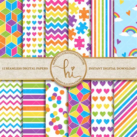 Bright Rainbow Digital Paper Colorful Rainbow Pattern Etsy
