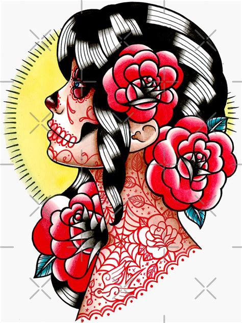 Dia De Los Muertos Sugar Skull Girl Tattoo Flash Sticker For Sale By Misscarissarose Redbubble