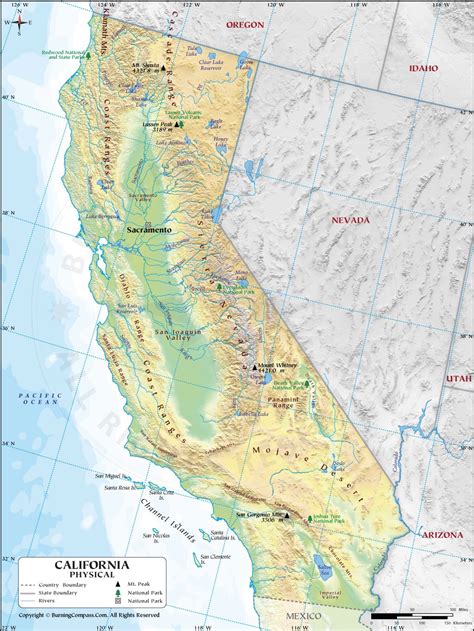 California Physical Map Showing Geographical Physical Features With