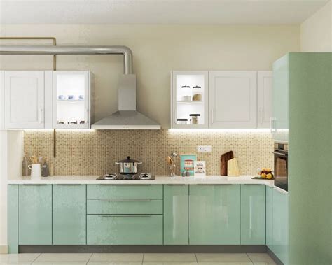 Glossy Pastel Green L Shaped Spacious India Kitchen Design Livspace