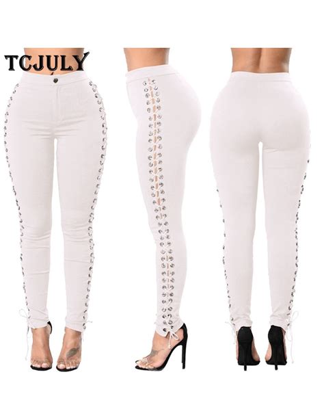 Tcjuly 2018 Fashion Hollow Out Ties Up Criss Cross Women Pencil Jeans Elastic Waist High Stretch