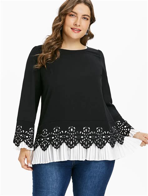 wipalo plus size cutwork hem color block top women long sleeve o neck loose blouse shirts casual