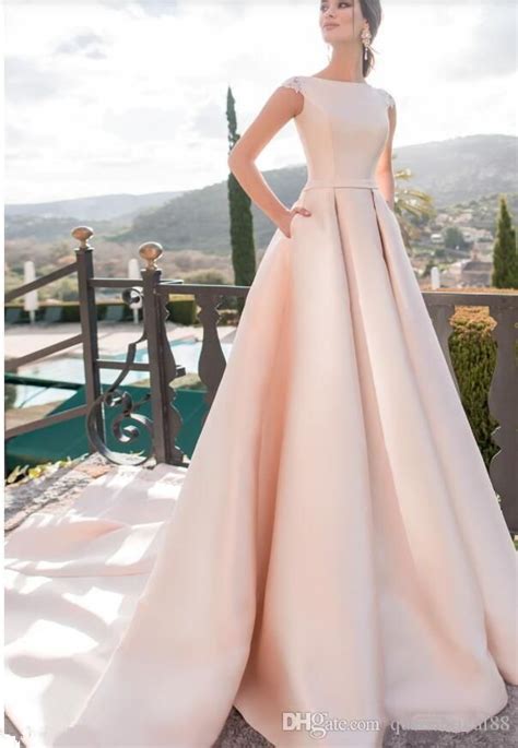 Discount Blush Pink Sexy Satin A Line Wedding Dresses With Pockets Cap