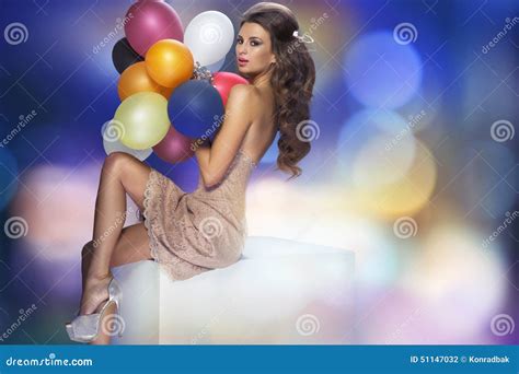 Portrait Of The Woman With Balloons Stock Photo Image Of Classy Blowing