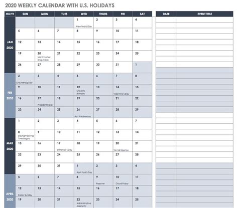 2020 Weekly Calendar With Us Holidays Excel Calendar Excel Calendar