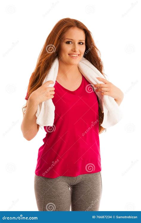 Fitness Woman Rest After Workout In Gym With Towel Around Her Stock