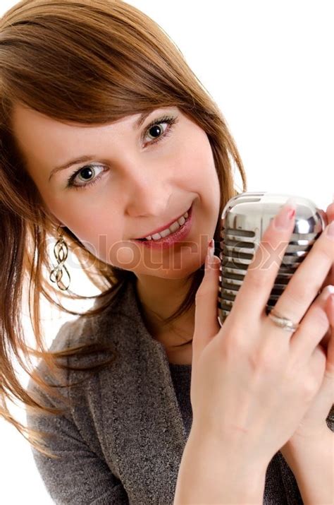 Young Woman Holding A Retro Microphone Stock Image Colourbox