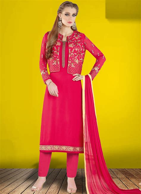 Buy Hot Pink Faux Georgette Churidar Designer Suit Online 88188