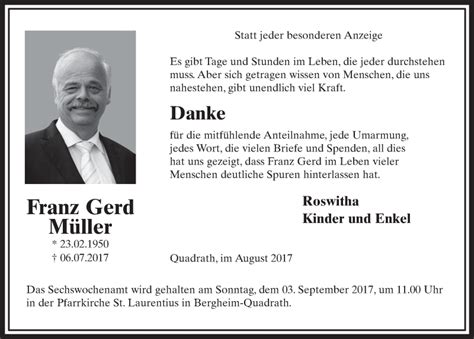 Check spelling or type a new query. Traueranzeigen von Franz Gerd Müller | WirTrauern