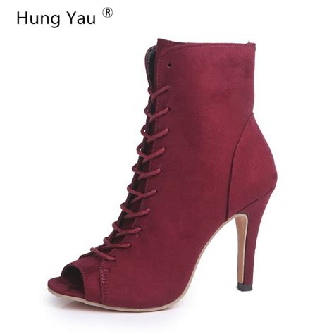Hung Yau Open Peep Toe High Heel Women Boots Women Sexy Summer Ankle Leather Boots Lace Up Shoes