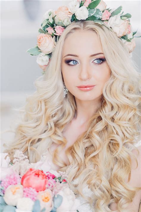 Bloned Long Wavy Wedding Hairstyle With Pastel Flower Crown Deer Pearl Flowers
