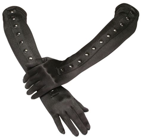 Elbow Length Satin Gloves Black With Button Trim