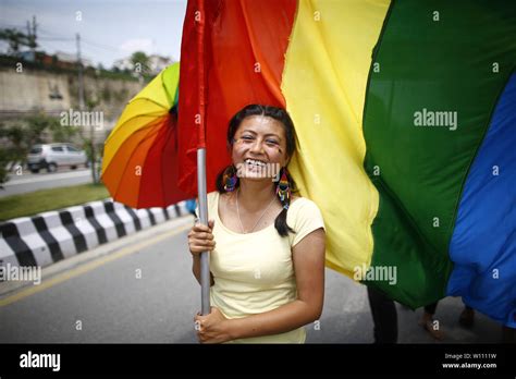 Kathmandu Nepal 29th June 2019 A Woman From The Lgbtiq Community Holding A Rainbow Flag