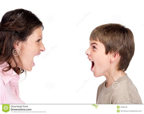Mother With Her Son Yelling Together Against White Stock
