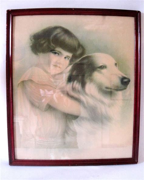 Vintage Lithograph Print Of Little Girl Child With Pet Dog Framed 20