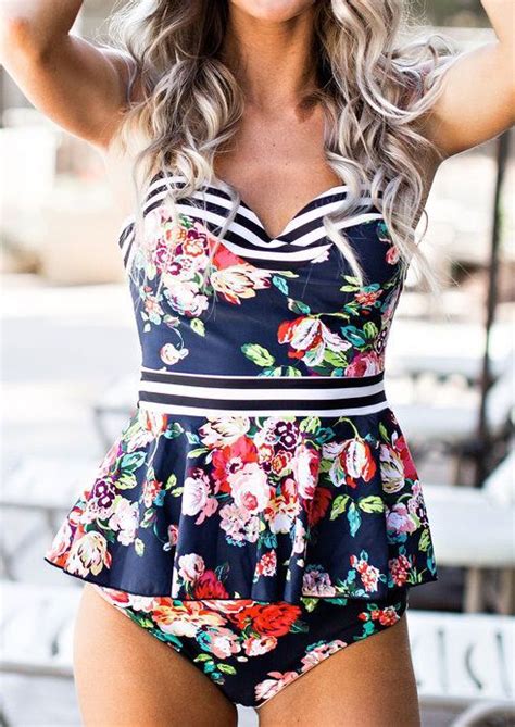 floral striped splicing v neck tankini tankinis tankinis in 2019 peplum swimsuit swimsuits