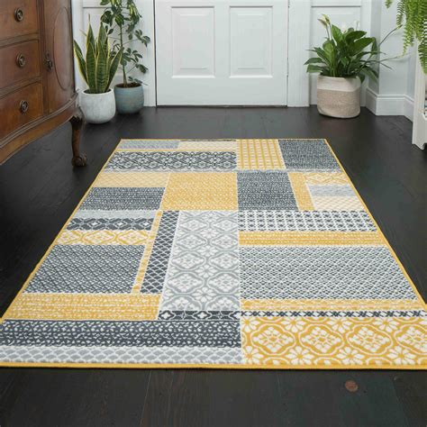 The Rug House Large Ochre Mustard Yellow Grey Patchwork Squares