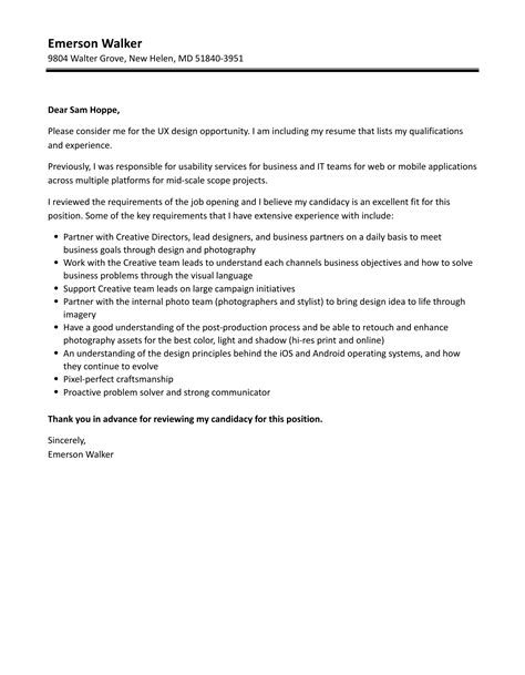 Ux Design Cover Letter Velvet Jobs