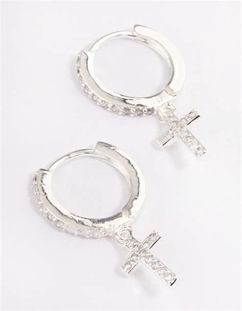Silver Plated Cubic Zirconia Cross Drop Huggie Earrings Lovisa