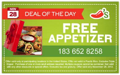 You can always come back for 99 restaurant free appetizer coupon because we update all the latest coupons and special deals weekly. CHILI'S $$ Holidaily - Today's Coupon: FREE Appetizer (11 ...