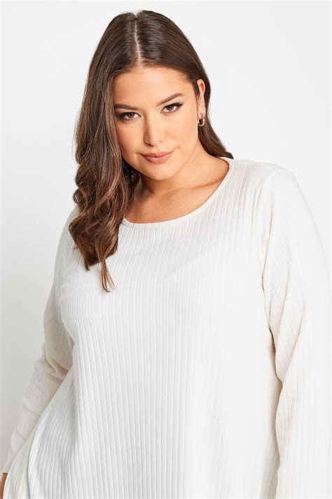 Yours Plus Size White Long Sleeve Ribbed Swing Top Yours Clothing