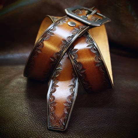 Brown Leather Belt Hand Tooled Cowboywesternnative Border Custom