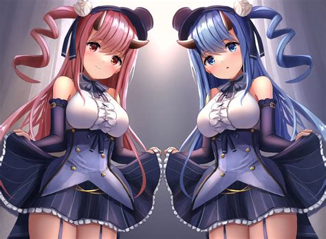 2girls Anthropomorphism Azur Lane Blue Hair Dress Garter Belt Hat Horns Ikazuchi Azur Lane