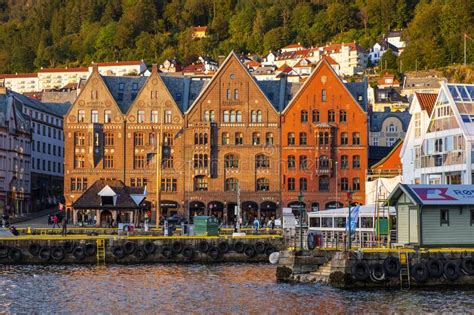 Bergen Norway Panoramic View Of Historic Bryggen District With