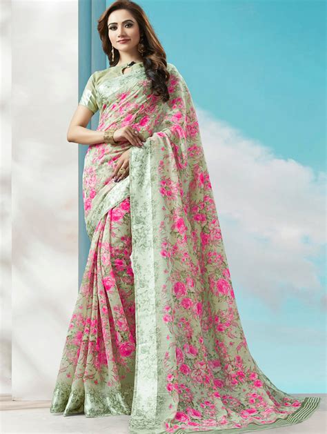 Buy Online Floral Digital Printed Linen Saree With Blouse From Ethnic Wear For Women By