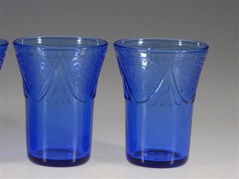 Set Of 4 Vintage Hazel Atlas Glass Cobalt Royal Lace Juice Tumblers C